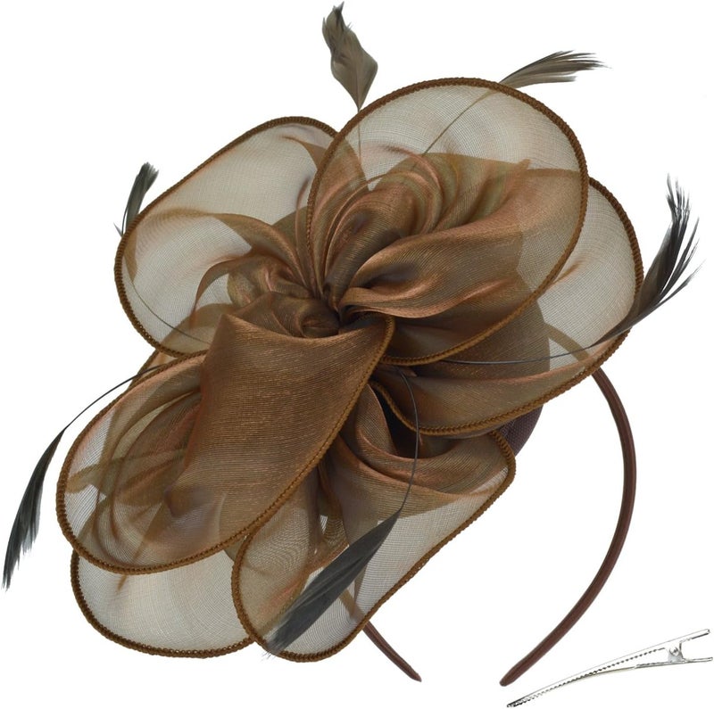 DRESHOW قبعة فاسيناتور لحفلة الشاي مع أشرطة وريش على رباط رأس ومشبك للنساء - Image 1